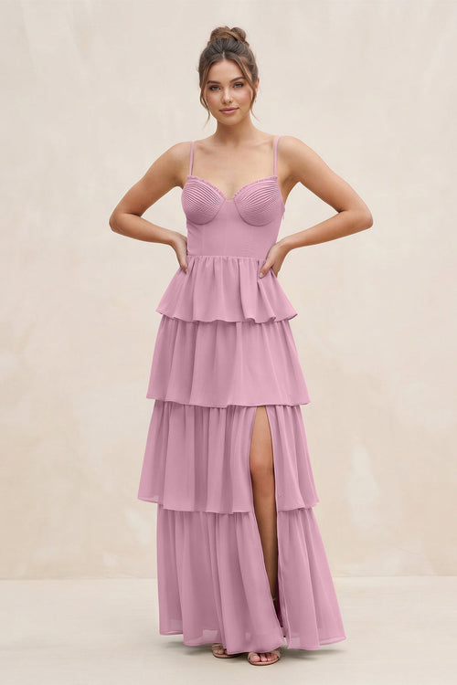 Cami Strap Tiered A - Line Chiffon Bridesmaid Dress in Vintage Mauve - SHE IS ME Bridesmaid Dresses
