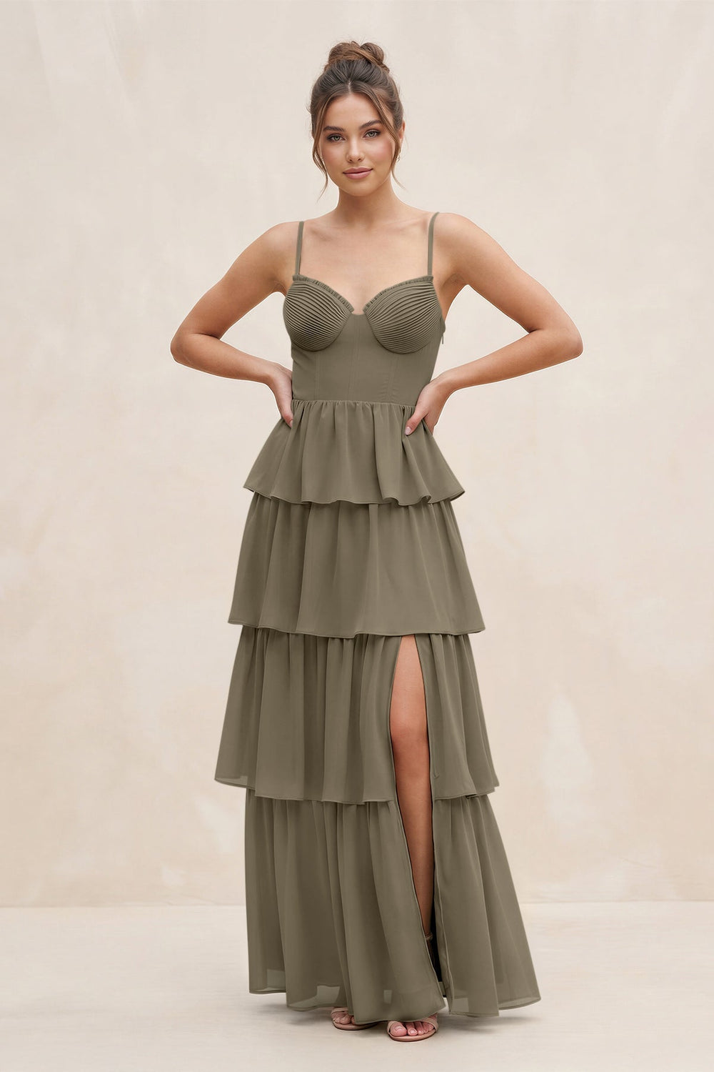 Cami Strap Tiered A - Line Chiffon Bridesmaid Dress in Willow Green - KISS BRIDAL Bridesmaid Dresses