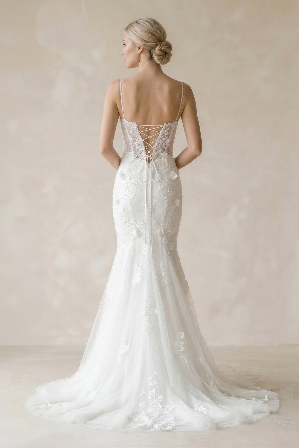 Cami Straps Mermaid Tulle Appliqued Wedding Dress in White - KISS BRIDAL Wedding Dresses