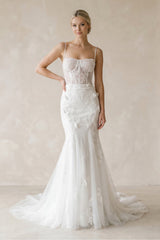 Cami Straps Mermaid Tulle Appliqued Wedding Dress in White - KISS BRIDAL Wedding Dresses
