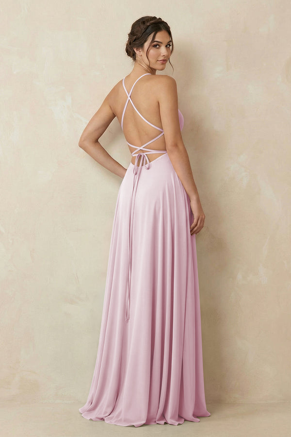 Candy Pink A-Line Chiffon Bridesmaid Dress With Slit (2) | KISSBRIDAL