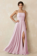 Candy Pink A-Line Chiffon Bridesmaid Dress With Slit | KISSBRIDAL