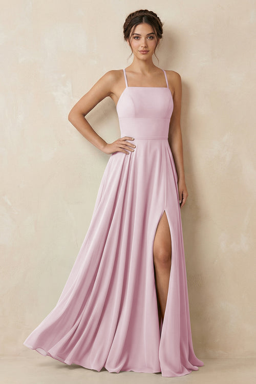 Candy Pink A-Line Chiffon Bridesmaid Dress With Slit | KISSBRIDAL