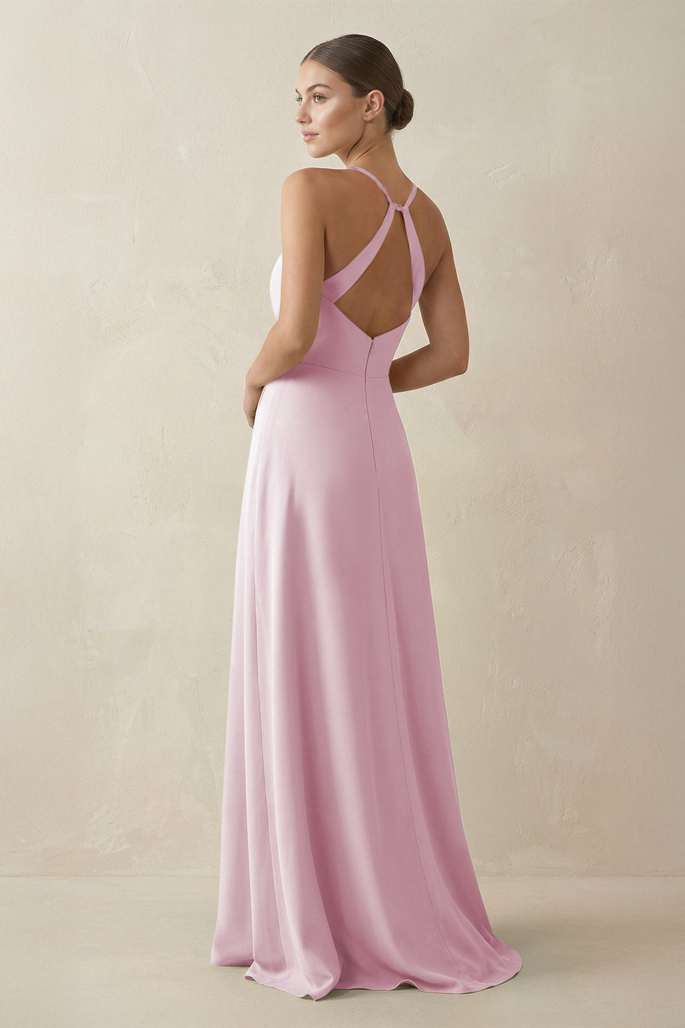 A-Line Chiffon Long Bridesmaid Dress With Slit in Candy Pink
