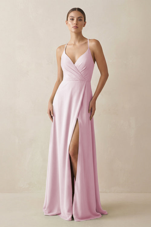 Candy Pink A-Line Chiffon Long Bridesmaid Dress With Slit | KISSBRIDAL