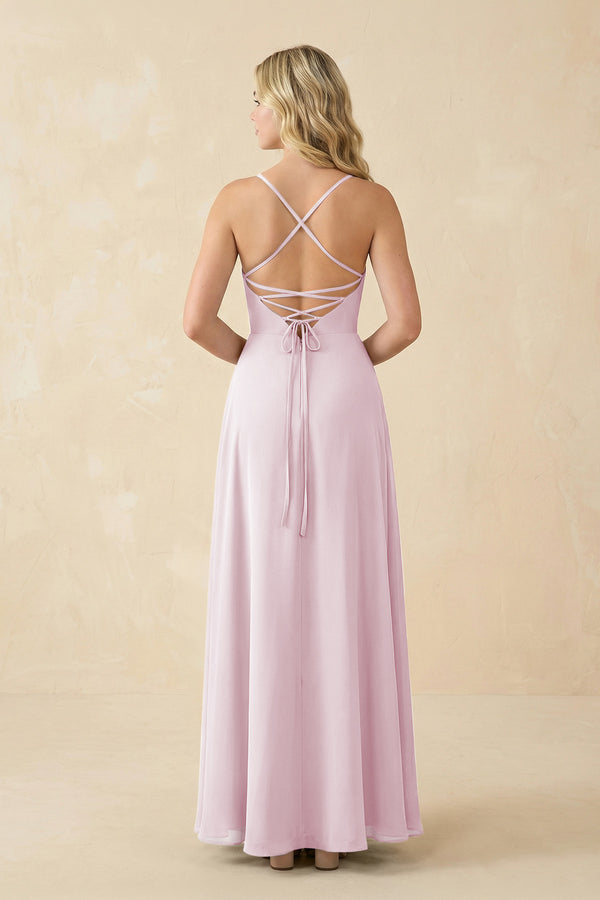 Candy Pink A-Line Chiffon Spaghetti Strap Bridesmaid Dress (2) | KISSBRIDAL