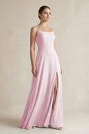 Candy Pink A-Line Chiffon Spaghetti Strap Bridesmaid Dress | KISSBRIDAL