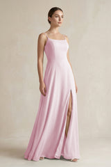 Candy Pink A-Line Chiffon Spaghetti Strap Bridesmaid Dress | KISSBRIDAL
