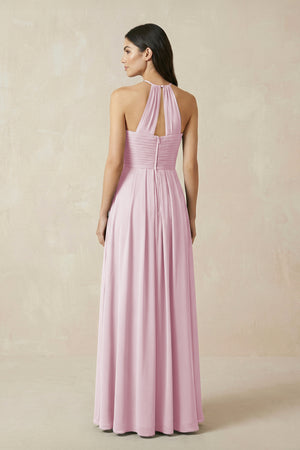 Candy Pink A-Line Halter Neck Pleated Chiffon Bridesmaid Dress (2) | KISSBRIDAL