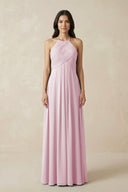 Candy Pink A-Line Halter Neck Pleated Chiffon Bridesmaid Dress | KISSBRIDAL