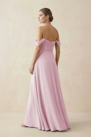 Candy Pink A-Line Off-the-Shoulder Chiffon Bridesmaid Dress (2) | KISSBRIDAL