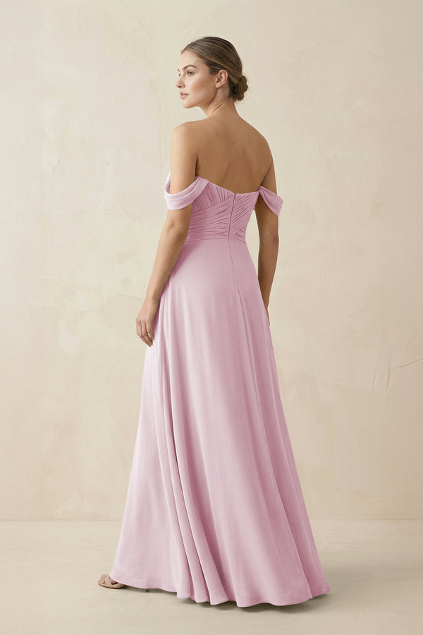 Candy Pink A-Line Off-the-Shoulder Chiffon Bridesmaid Dress (2) | KISSBRIDAL