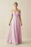 Candy Pink A-Line Off-the-Shoulder Chiffon Bridesmaid Dress | KISSBRIDAL
