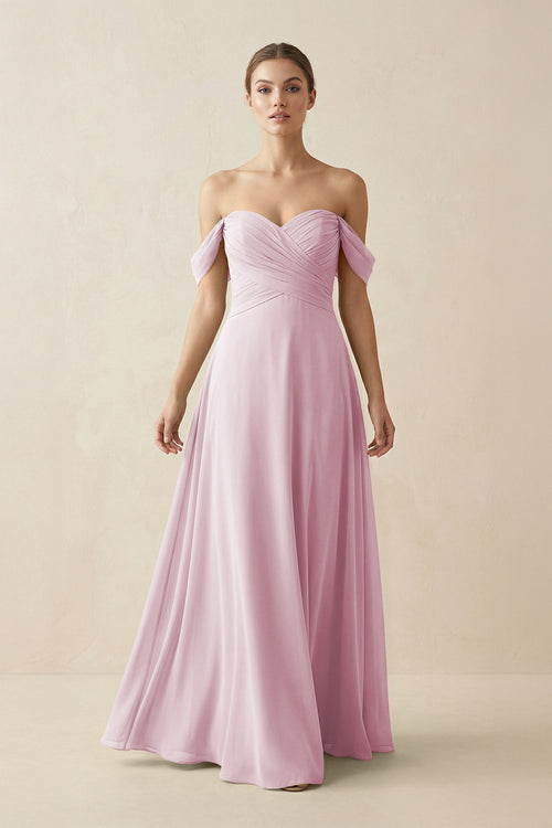 Candy Pink A-Line Off-the-Shoulder Chiffon Bridesmaid Dress | KISSBRIDAL