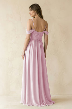 Candy Pink A-Line Off-the-Shoulder Pleated Chiffon Bridesmaid Dress (2) | KISSBRIDAL