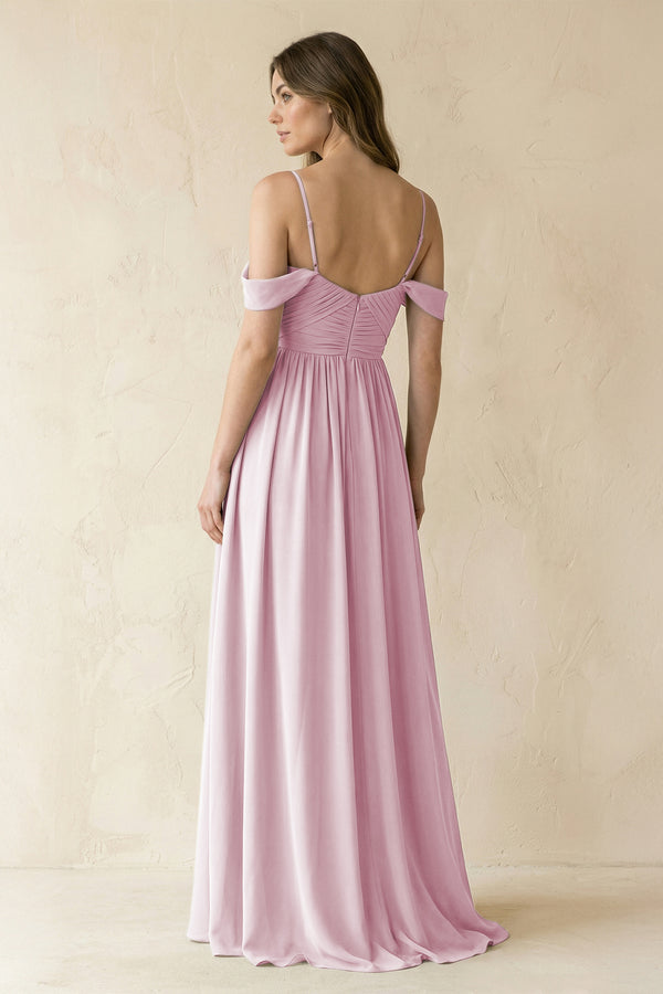 Candy Pink A-Line Off-the-Shoulder Pleated Chiffon Bridesmaid Dress (2) | KISSBRIDAL