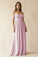 Candy Pink A-Line Off-the-Shoulder Pleated Chiffon Bridesmaid Dress | KISSBRIDAL