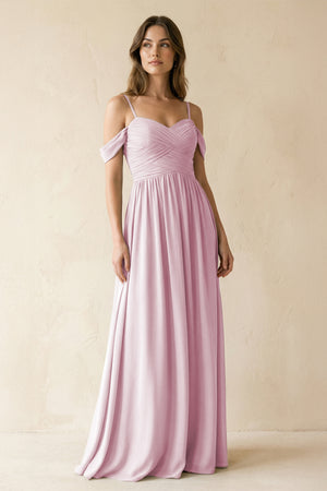 Candy Pink A-Line Off-the-Shoulder Pleated Chiffon Bridesmaid Dress | KISSBRIDAL