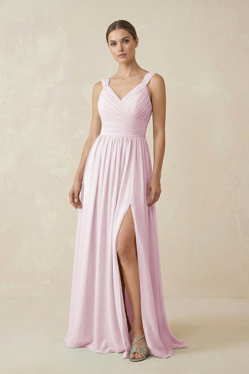 Candy Pink A-Line Pleated Chiffon Long Bridesmaid Dress | KISSBRIDAL