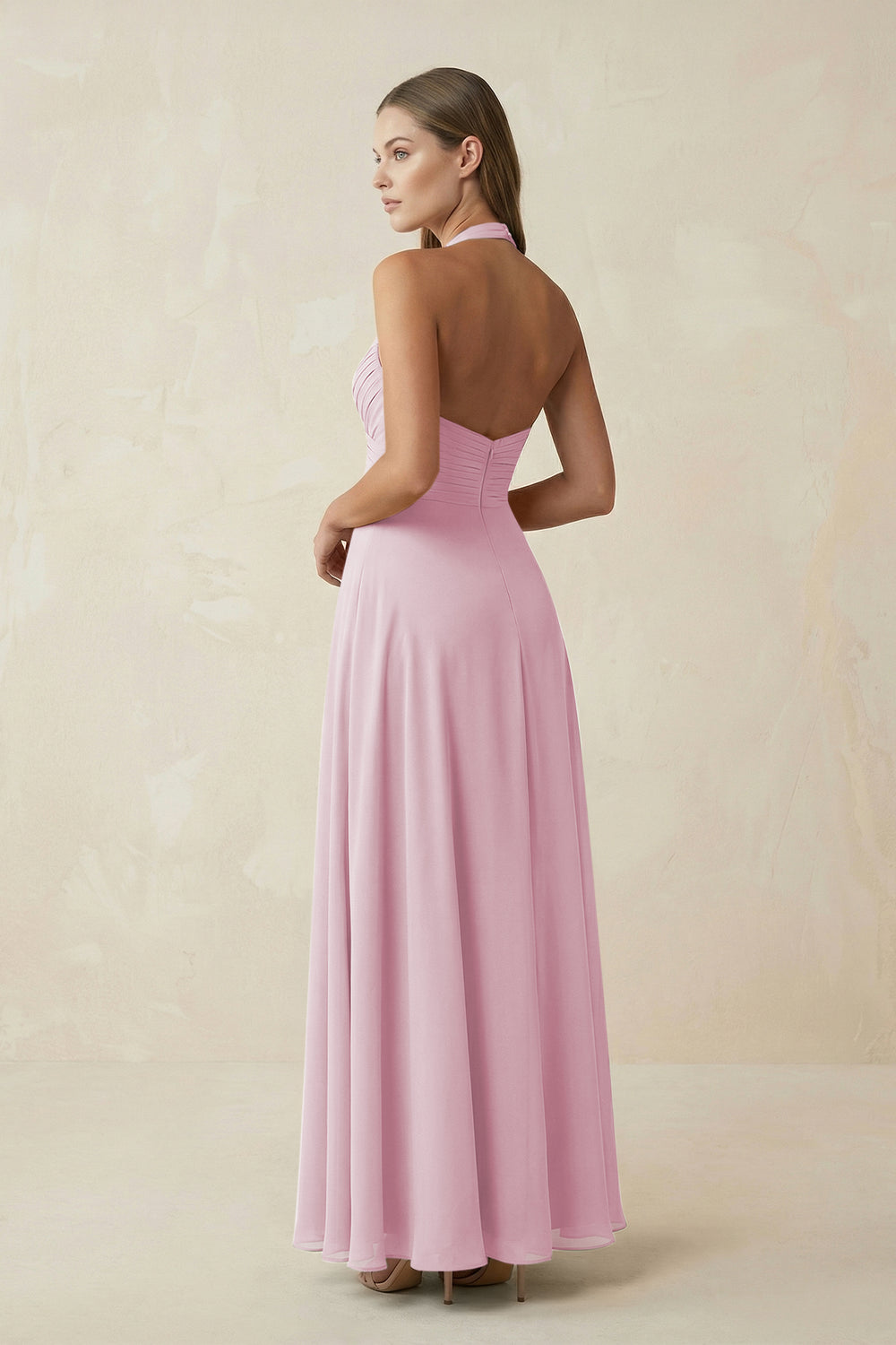 A-Line Pleated Chiffon V-Neck Bridesmaid Dress in Candy Pink