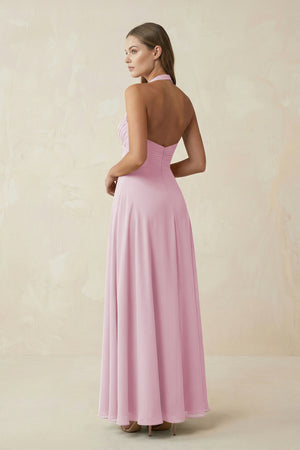 Candy Pink A-Line Pleated Chiffon V-Neck Bridesmaid Dress (2) | KISSBRIDAL