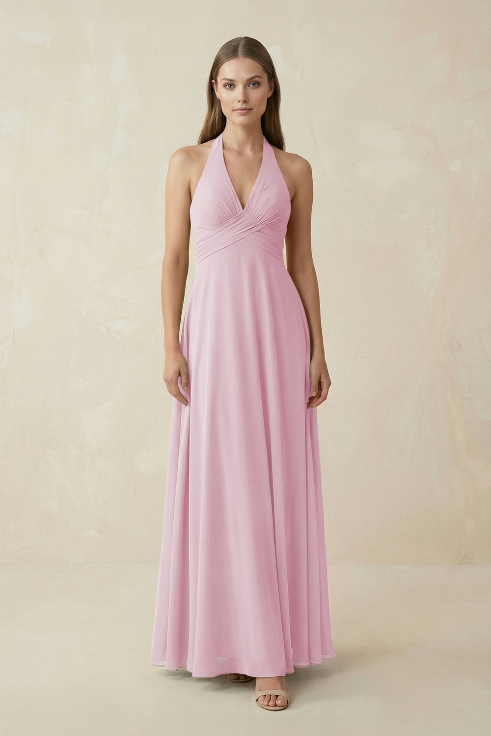A-Line Pleated Chiffon V-Neck Bridesmaid Dress in Candy Pink