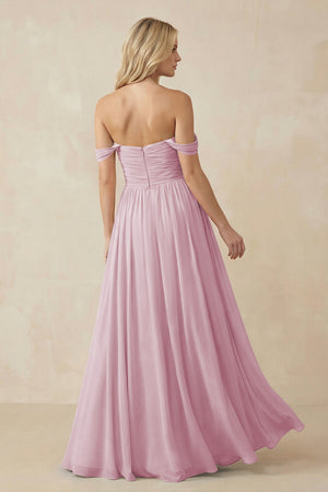Candy Pink A-Line Pleated Long Chiffon Bridesmaid Dress (2) | KISSBRIDAL