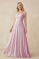 Candy Pink A-Line Pleated Long Chiffon Bridesmaid Dress | KISSBRIDAL
