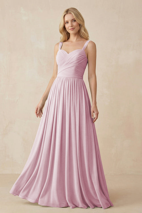 Candy Pink A-Line Pleated Long Chiffon Bridesmaid Dress | KISSBRIDAL
