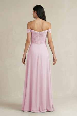 Candy Pink A-Line Pleated Off-the-Shoulder Chiffon Bridesmaid Dress (2) | KISSBRIDAL