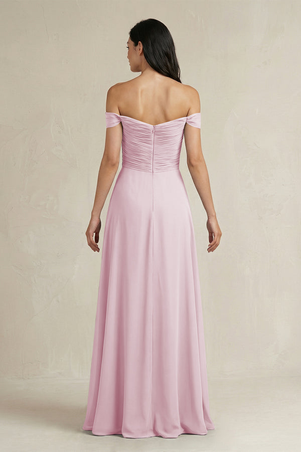 Candy Pink A-Line Pleated Off-the-Shoulder Chiffon Bridesmaid Dress (2) | KISSBRIDAL