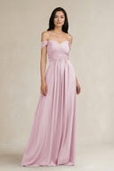 Candy Pink A-Line Pleated Off-the-Shoulder Chiffon Bridesmaid Dress | KISSBRIDAL