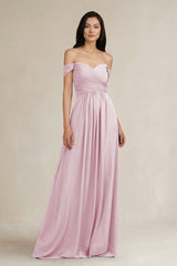 Candy Pink A-Line Pleated Off-the-Shoulder Chiffon Bridesmaid Dress | KISSBRIDAL