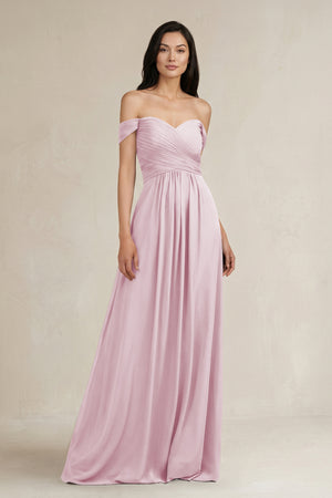 Candy Pink A-Line Pleated Off-the-Shoulder Chiffon Bridesmaid Dress | KISSBRIDAL