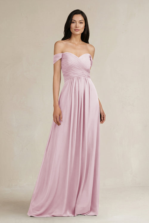 Candy Pink A-Line Pleated Off-the-Shoulder Chiffon Bridesmaid Dress | KISSBRIDAL