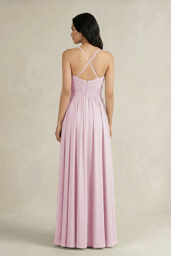 Candy Pink A-Line Pleated Spaghetti Strap Chiffon Bridesmaid Dress (2) | KISSBRIDAL