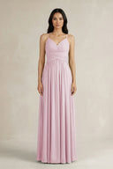 Candy Pink A-Line Pleated Spaghetti Strap Chiffon Bridesmaid Dress | KISSBRIDAL