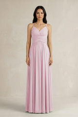 Candy Pink A-Line Pleated Spaghetti Strap Chiffon Bridesmaid Dress | KISSBRIDAL