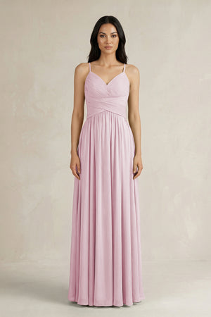 Candy Pink A-Line Pleated Spaghetti Strap Chiffon Bridesmaid Dress | KISSBRIDAL