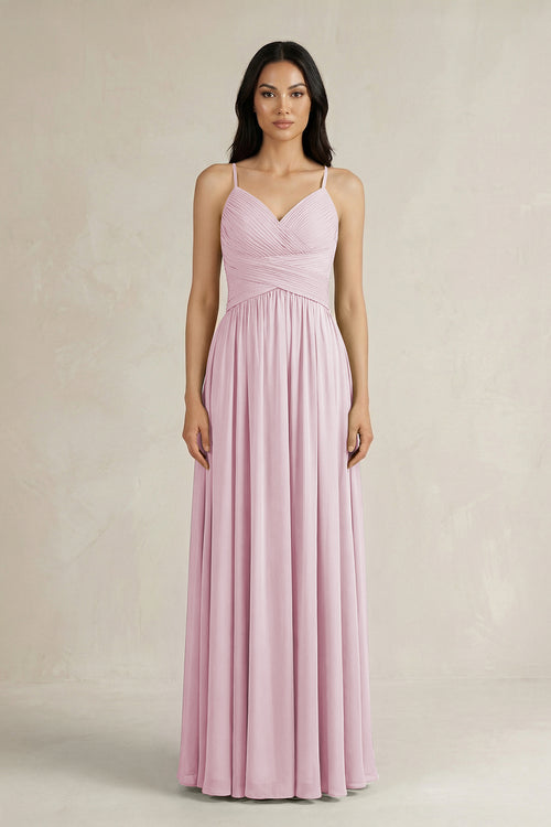 Candy Pink A-Line Pleated Spaghetti Strap Chiffon Bridesmaid Dress | KISSBRIDAL