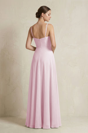 Candy Pink A-Line Ruffled Spaghetti Strap Chiffon Bridesmaid Dress (2) | KISSBRIDAL