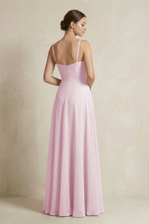 Candy Pink A-Line Ruffled Spaghetti Strap Chiffon Bridesmaid Dress (2) | KISSBRIDAL