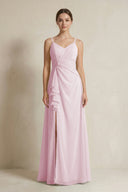Candy Pink A-Line Ruffled Spaghetti Strap Chiffon Bridesmaid Dress | KISSBRIDAL