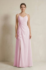 Candy Pink A-Line Ruffled Spaghetti Strap Chiffon Bridesmaid Dress | KISSBRIDAL
