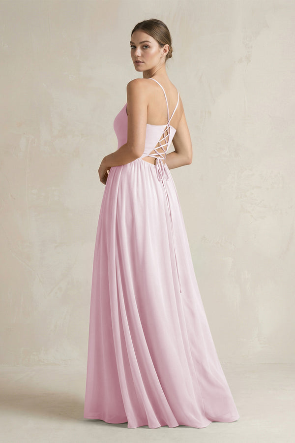Candy Pink A-Line Spaghetti Strap Chiffon Bridesmaid Dress (2) | KISSBRIDAL