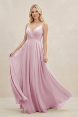 Candy Pink A-Line Spaghetti Strap Chiffon Bridesmaid Dress | KISSBRIDAL