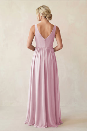 Candy Pink A-Line V-Neck Pleated Chiffon Bridesmaid Dress (2) | KISSBRIDAL