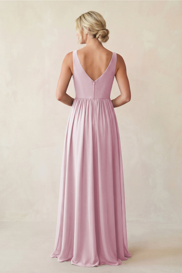 Candy Pink A-Line V-Neck Pleated Chiffon Bridesmaid Dress (2) | KISSBRIDAL