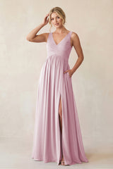 Candy Pink A-Line V-Neck Pleated Chiffon Bridesmaid Dress | KISSBRIDAL