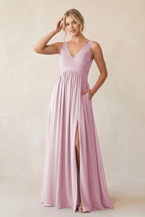 Candy Pink A-Line V-Neck Pleated Chiffon Bridesmaid Dress | KISSBRIDAL